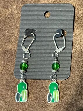 Green Cactus Drop Earrings - with Beaded Accents